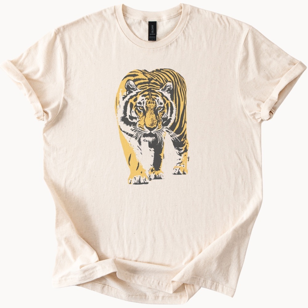 Tiger Stalking Forward on Natural Tee